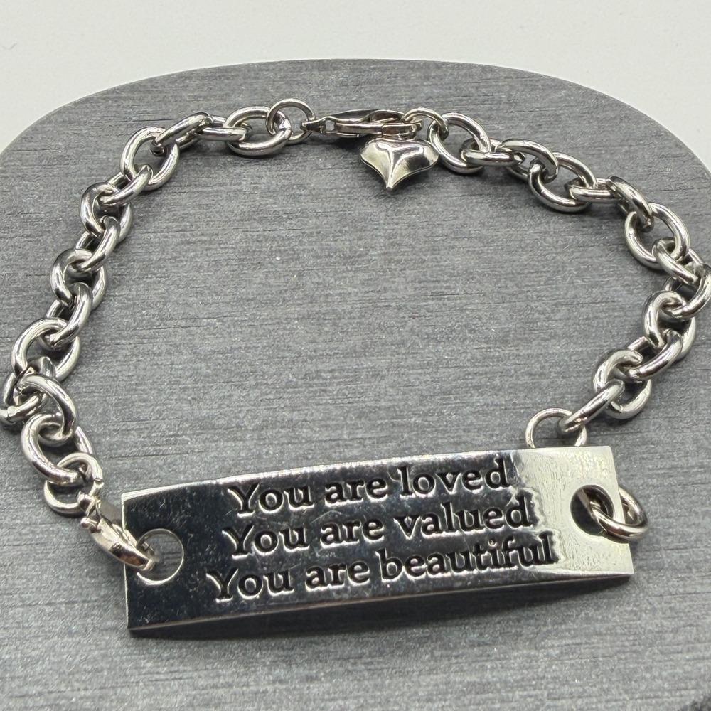 Silver Tone Inspirational Bracelet You Are Loved Valued Beautiful Heart Charm